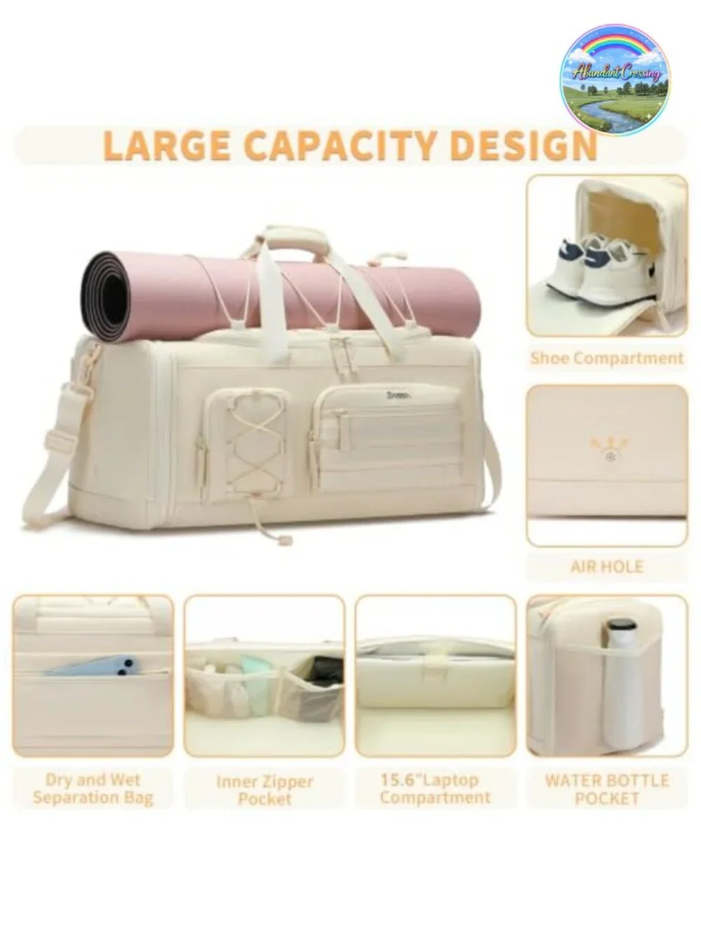 Expandable 45L Gym Bag Water Resistant Nylon Travel Duffle with Shoe Compartment